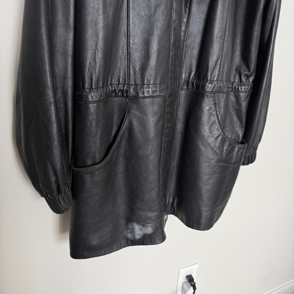 Worthington Womens Genuine Leather Coat Large Black Hooded Faux Fur Trim Luxury - Picture 4 of 16